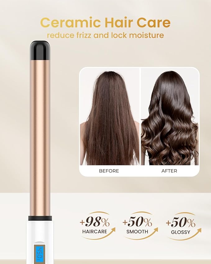 1 Inch Extra Long Barrel Curling Wand, Ceramic Tourmaline Curling Wand Professional Dual Voltage with Adjustable Temperature