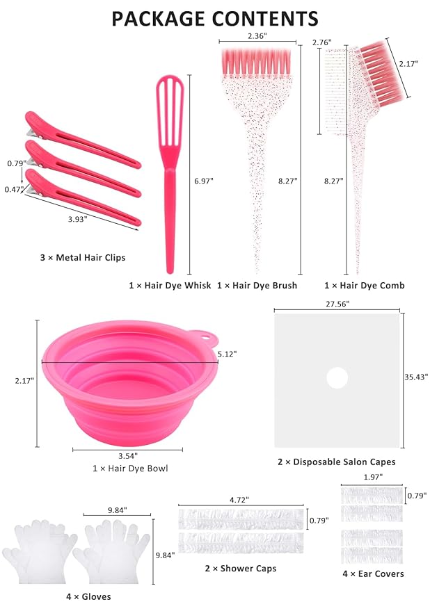 19PCS Hair Bleach Dye Kit with Hair Dye Brush and Bowl Whisk Hair Clips Protective Gear Set, Ideal for Hair Bleaching Coloring Highlighting, Essential Salon Supplies for Home Use (Pink)