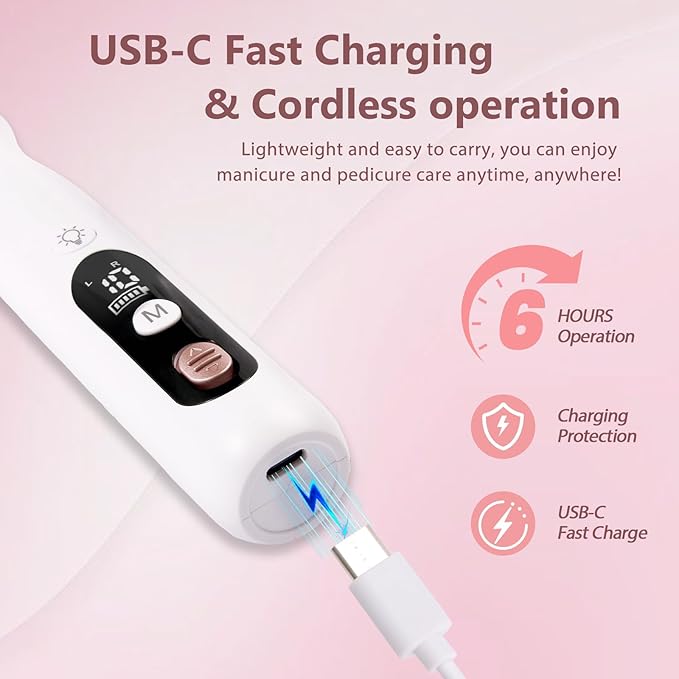 Electric Nail Drill Kit Cordless Professional Manicure Pedicure Nail File Buffer for Acrylic Nails Gel Polishing Removing Manicure Salon Home with Nail Drill Bits Sanding Bands