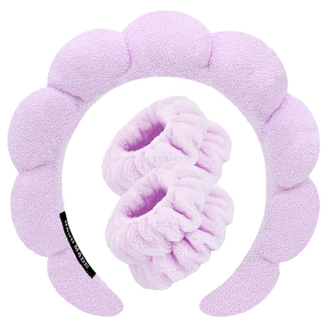Spa Headbands for Washing Face Wristband Set Sponge Makeup Skincare Headband Wrist Towels Bubble Soft Terry Towel Cloth Hairband for Women Puffy Headwear Non Slip Thick Thin Hair Headwear (Lilac)