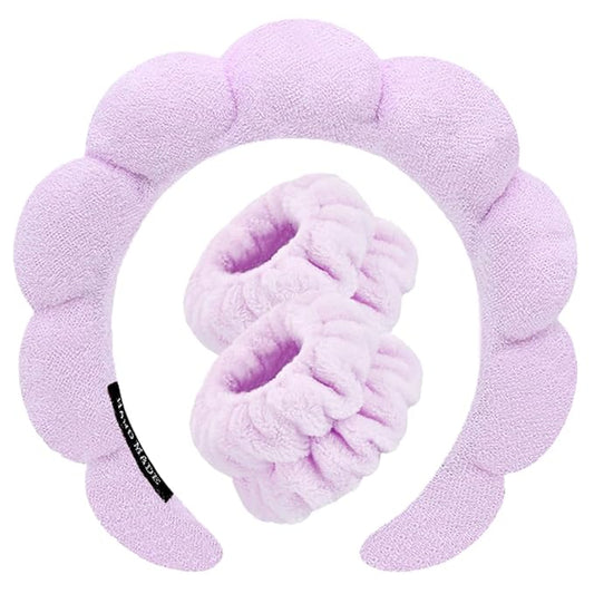 Spa Headbands for Washing Face Wristband Set Sponge Makeup Skincare Headband Wrist Towels Bubble Soft Terry Towel Cloth Hairband for Women Puffy Headwear Non Slip Thick Thin Hair Headwear (Lilac)