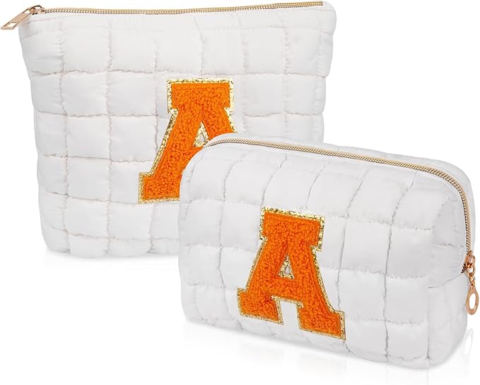 2PCS Initial Checkered Makeup Bag, Large Quilted Cosmetic Bag, Cute Make up Pouch for Purse, Travel Toiletry Storage Bag for Women Preppy Teen Girls Gift Trendy Stuff Gift (White A)