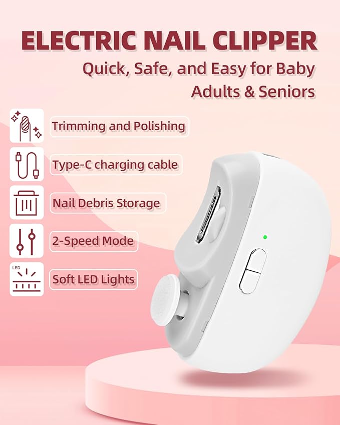 2025 Upgraded Electric Nail Clipper, 3 in 1 Automatic Nail Trimmer and Polisher with LED Light & Clip Storage,USB Rechargeable - 2 Speeds Electric Nail File for Baby, Adults, Seniors