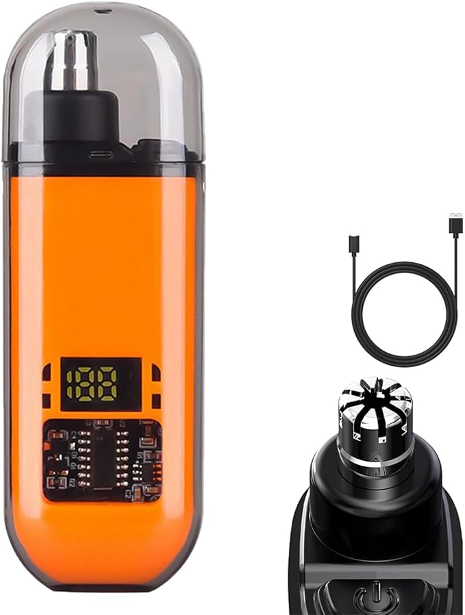 2-in-1 Nose Hair Trimmer - for Effortless, Waterproof Nasal Hair Cutter with Digital, Groom with Precision, Rechargeable, Electric Nose Hairs Trimmer for Men Women (Orange)