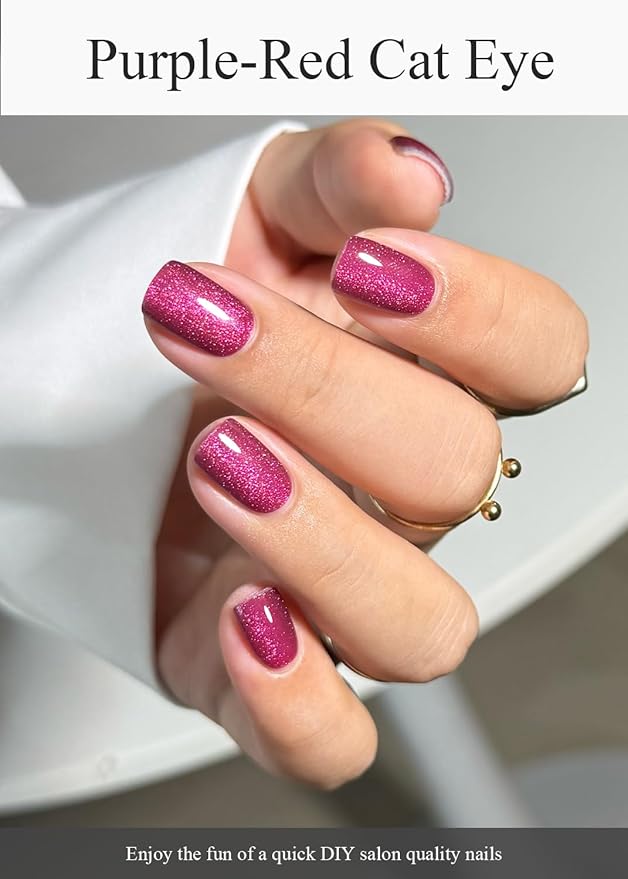 Semi Cured Gel Nail Strips (Purple-Red Cat Eye), 20 Pcs Gel Nail Wraps, Stickers, Salon Quality, Works With Any Lamps