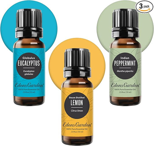Edens Garden Essential Oils 3 Set – 100% Pure Therapeutic Grade, Undiluted, Natural Aromatherapy Scents for Diffusers, Humidifiers, Massage & Yoga – Eucalyptus, Lemon & Peppermint, 10 ml/ 3 Pack