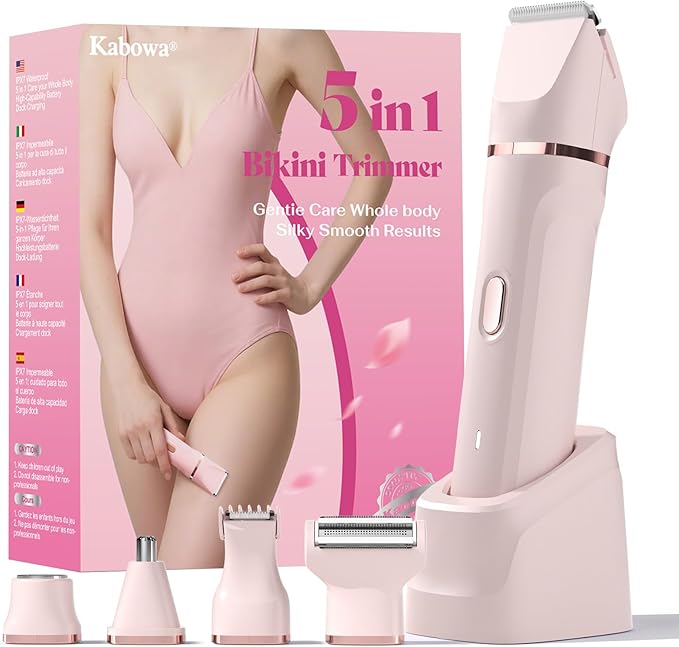 Bikini Trimmer for Women - 5 in 1 Painless Electric Razors for Ladies Pubic Facial Nose Body Leg Hair Removal, Waterproof Electric Shaver for Women Private Area Sensitive Skin,Personal Hair Trimmer
