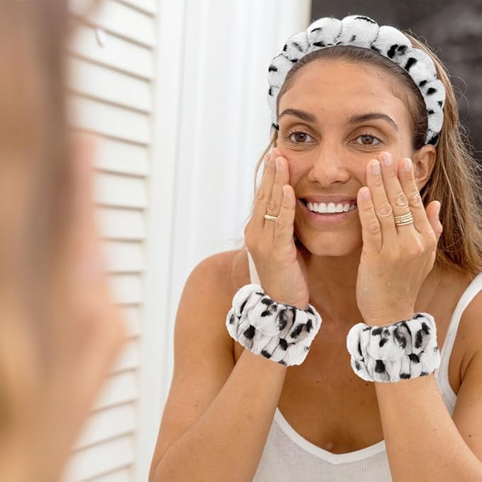 Spa Headbands for Washing Face Wristband Set Sponge Makeup Skincare Headband Wrist Towels Bubble Soft Terry Towel Cloth Hairband for Women Puffy Headwear Non Slip Thick Thin Hair Headwear