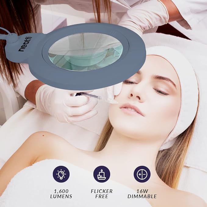 Neatfi XL Bifocal LED Magnifying Lamp, 7-Inch Acrylic Lens, 5D/20D Magnification, Hands-Free, Dimmable, 84 SMD LED, Adjustable Arm for Crafts, Reading, Close Work (Gray, with Clamp)