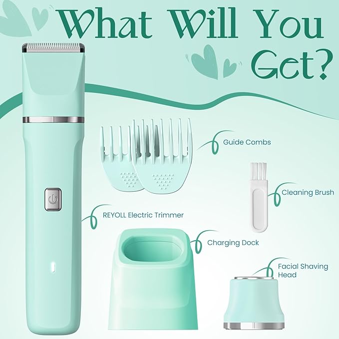 Pubic Hair Trimmer Women for Bikini Area & Body - Electric Razor Shaver with Ceramic Blade, Detachable Head, Waterproof IPX7, Battery Indicator, Fast Charging, Wet/Dry Groomer Set - Green