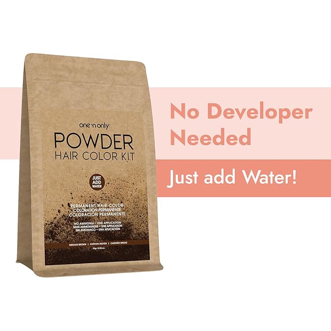 One N' Only Powder Hair Color Kit, Medium Brown, Permanent Color in Single Application, 100% Gray Hair Coverage without Lift, Just Add Water - No Developer Needed, Vegan and Cruelty Free