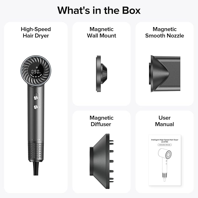 Hair Dryer, 150000 RPM Brushless Motor with 500M Negative Ions, Fast-Dry Lightweight Design, ThermoControl & Magnetic Nozzle/Diffuser, Low Noise Salon Blow Dryer for All Hair, Travel, Home