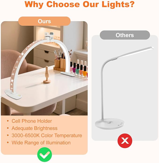 Half Moon Light for Nail Desk with Phone Holder, 28IN Folding Half-Moon Light with Shinning Diamond, LED Lamp for Nail Art, Eyelash Extension, Tattooing, Skin Management, 10 Brightness Levels, Gold