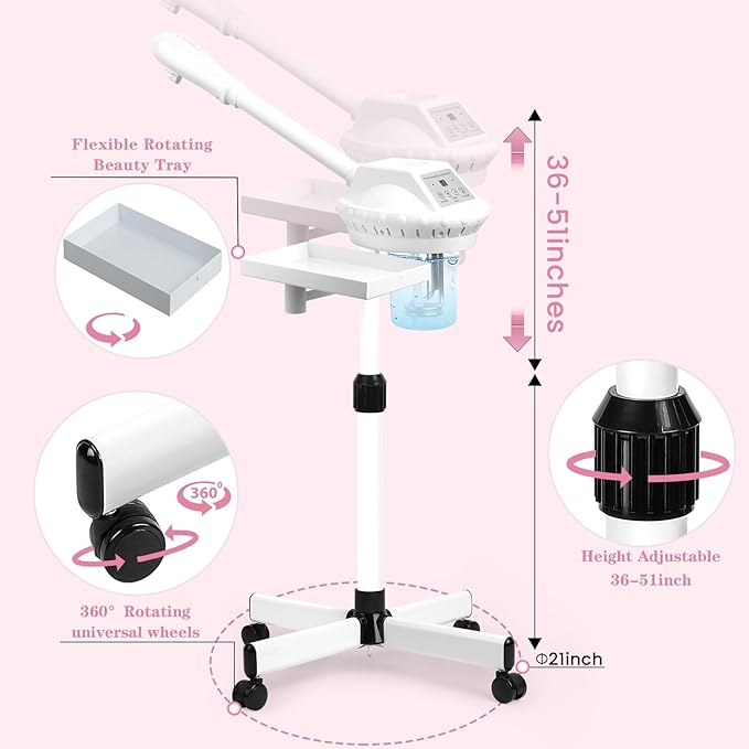 Facial Steamer Professional, Facial Steamer on Wheels with Storage Platform, Face Steamer with More Steam for Deep Cleansing and Hydration, Estheticians Steamer for Beauty, Spa and Home Use（White）