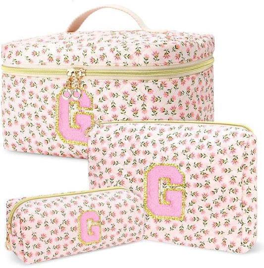 3 PCS Travel Makeup Bag Set,A-Z Initials Cotton Make up Bag Floral Quilted Cosmetic Bag for Girls and Women,Personalized Christmas Gifts,Cute Toiletry Travel Accessories Brushes Bags-G