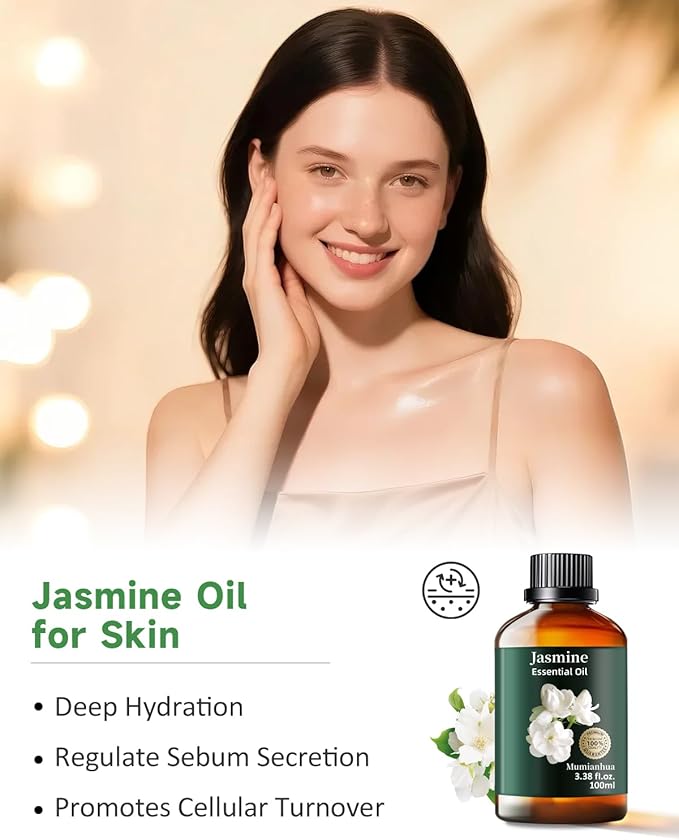 Pure Jasmine Essential Oil,Mumianhua Natural Jasmine Oil for Diffuser, Evening Atmosphere, Floral Bliss, Diffusion, Aromatherapy, Cleaning, Skin, Hair, Massages,Perfume, Candle Making 3.38 Fl Oz