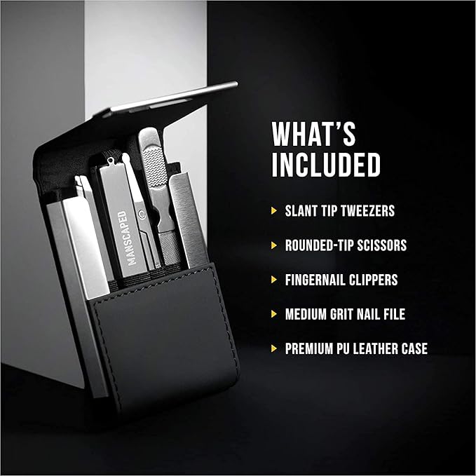 MANSCAPED® Shears 2.0 Tempered Stainless Steel Men's Nail Kit, Fingernail Clippers, Safety Scissors, Tweezers and Nail File, Travel Manicure Pedicure Set, 4-Piece Luxury Grooming Kit with Compact Case