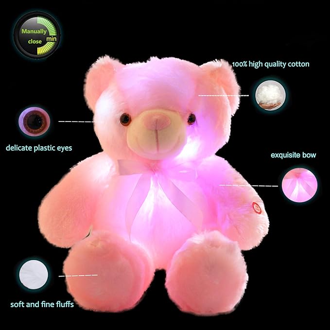 LED Teddy Bears Stuffed Animals, Cute Glow Bear Plush Toys Creative Colorful Luminous Light Up Doll Gifts for Bedroom, Kids, Baby, Valentine (Pink,18 inch)