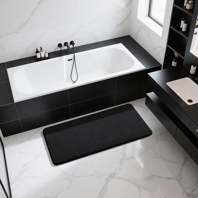 Yimobra Long Bath Mat 44"x24", Super Soft Quick Dry Memory Foam Bathroom Rug, Water Absorbent, Non Slip Backing Machine Washable for Tub Shower, Thick Comfort Support, Black