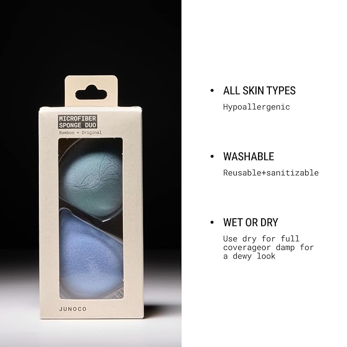 JUNO & Co. Microfiber Makeup Sponge, Dual Layer Technology for Full Coverage Flawless Makeup Blender for Foundation, Powder and Cream (2-Piece Color Duo: Blue and Green)