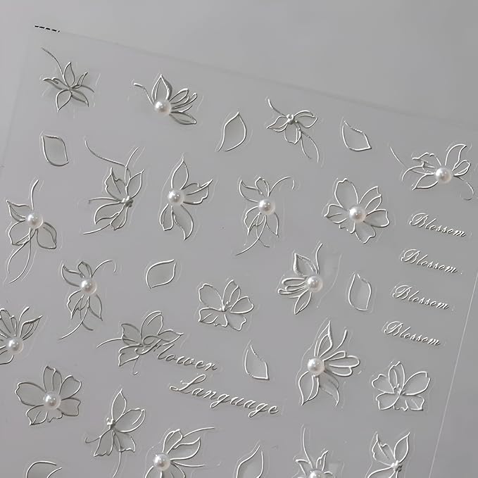 White Flower Nail Art Stickers 5D Embossed Spring Summer Nail Stickers for Nail Art Flower Nail Decals Self Adhesive White Pearl Floral Decoration Accessories for Women Girls
