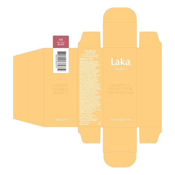 Laka Fruity Glam Tint, 4.5g/0.15oz, Glowing Lip Stain with Wide Color Spectrum, Hydrating & Lightweight Texture, Long-Lasting Bold Stain, Non-Sticky, Vegan, K-Beauty (#122 Rosyrose)