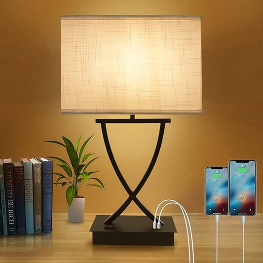 3-Way Dimmable Touch Control Medium Table Lamp with Type C/USB Charging Port and 1 AC Outlet White Shade 21.38" Bedside Nightstand Lamp for Bedroom Living Room Office and Hotel Bulb Included