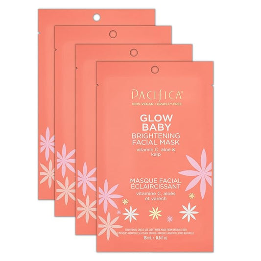 Pacifica Glow Baby Brightening Vitamin C Face Mask 4-Pack – Hydrating Serum-Soaked Sheet Mask for Glowing Skin, Fights Dullness & Dark Spots, Infused with Aloe & Kelp, 100% Vegan & Cruelty-Free
