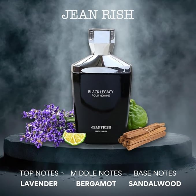 Jean Rish Black Legacy Pour Homme Eau De Toilette for Men (3.4 Fl Oz / 100ml) with Sandalwood, Lavender & Bergamot Notes - Long Lasting and Luxury Fragrance