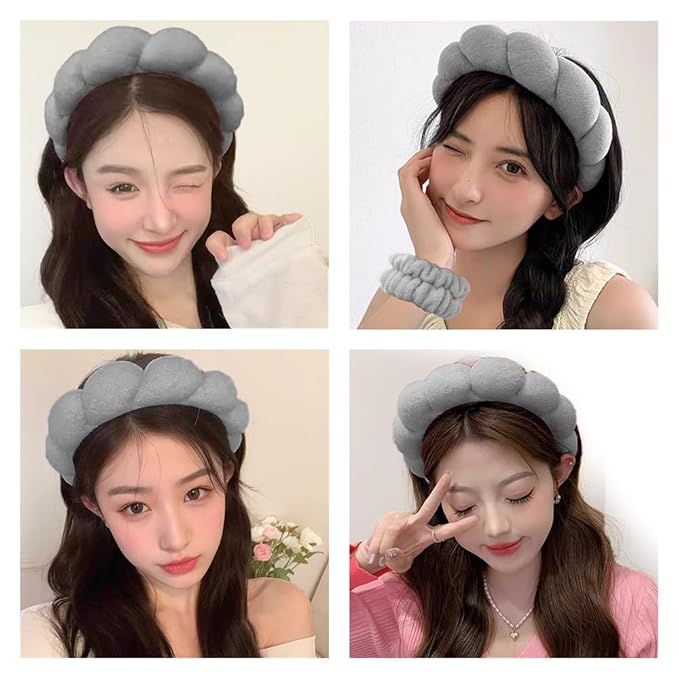 Spa Headbands for Washing Face Wristband Set Sponge Makeup Skincare Headband Wrist Towels Bubble Soft Terry Towel Cloth Hairband for Women Puffy Headwear Non Slip Thick Thin Hair Headwear (Dark gray)