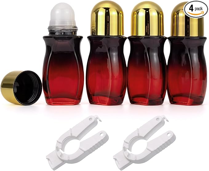 4 Pack 50mL Glass Roller Bottles for Deodorant, Essential Oil Roll On Bottles, Leak-Proof Refillable Rollerball Containers, Travel DIY Perfume Applicator, Black Red Gradient with Golden Caps