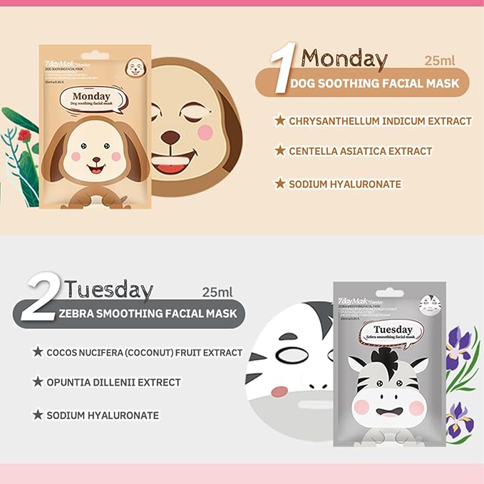 Kids Face Mask Spa, Animal Face Masks for Kids Teens Women Skincare, Animal Character Sheet Facial Mask for All Skin Types, Girls Night Party Skin Care Set, Birthday Christmas Gifts（7PCS）