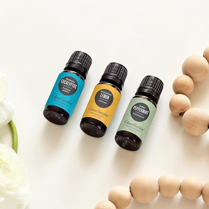 Edens Garden Essential Oils 3 Set – 100% Pure Therapeutic Grade, Undiluted, Natural Aromatherapy Scents for Diffusers, Humidifiers, Massage & Yoga – Eucalyptus, Lemon & Peppermint, 10 ml/ 3 Pack