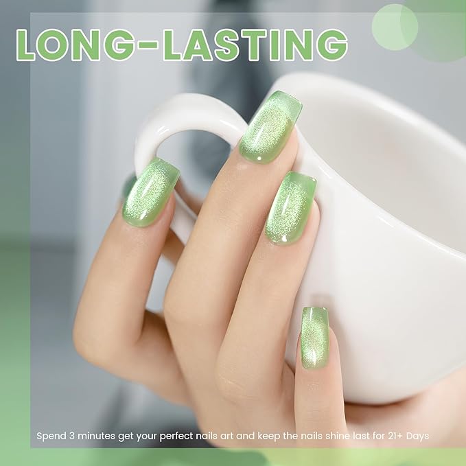 RARJSM Green Cat Eye Gel Nail Polish Set 6pcs Reflective Sparkly Diamond Glitter Nude Pink Blue Purple Clear Glass Cateye Gelpolish with Magnet Stick 7.5ml Curing Requires Soak Off for Home Salon