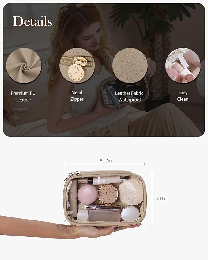 Pocmimut Makeup Bag,Small Makeup Pouch Clear Travel Cosmetic Bag Car Accessories Storage for Women,Travel Essentials Organizers,Apricot