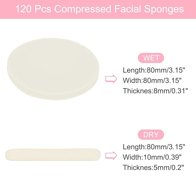 uxcell 120 Count Compressed Facial Sponges Round Face Cleansing Sponges Pads for Daily Skincare Routines at Home, Kitchen(White)