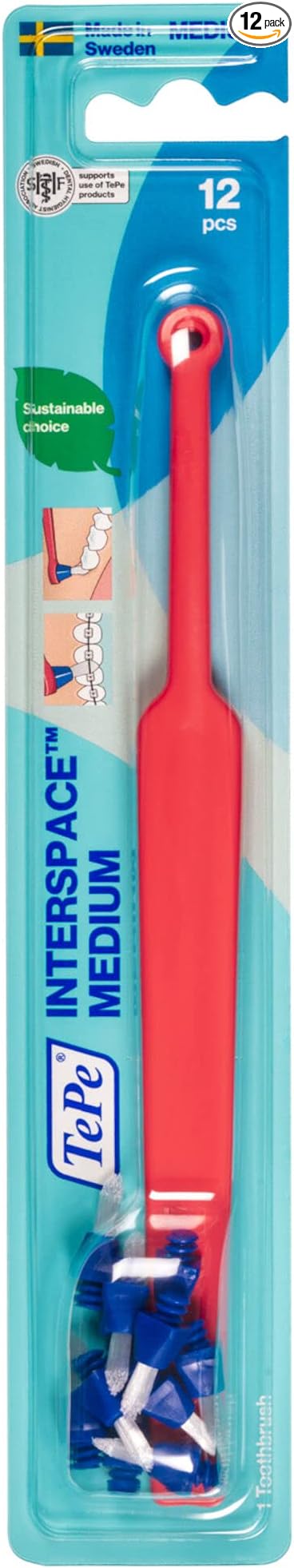 TePe Interspace Angled Medium Toothbrush for Braces with Single-End Tuft and Removable Head, 12 Pack