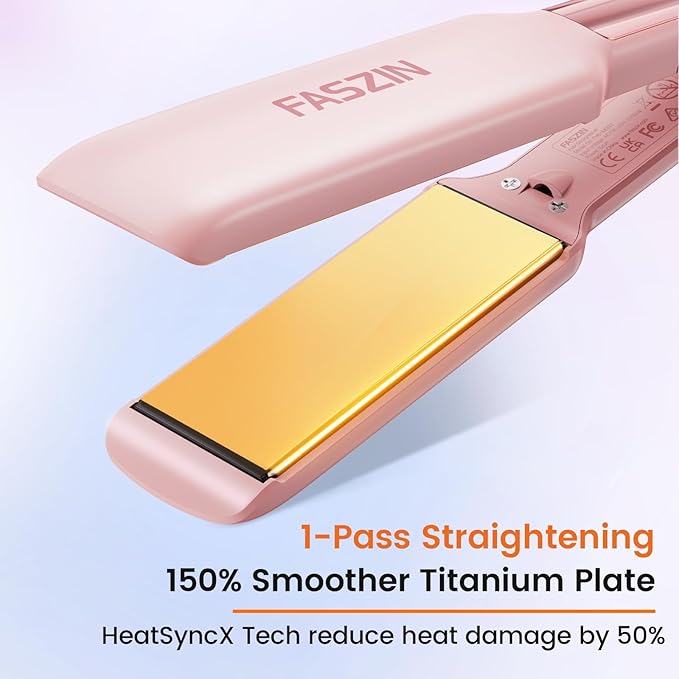 Faszin Professional Hair Straightener, 1.65inch Wide-Plate, Titanium Negative Ion Flat Iron, 30s Rapid Heating, LED Temp Display, Wide Voltage & 10 Adjustable Temp Levels (260-450℉) - Pink