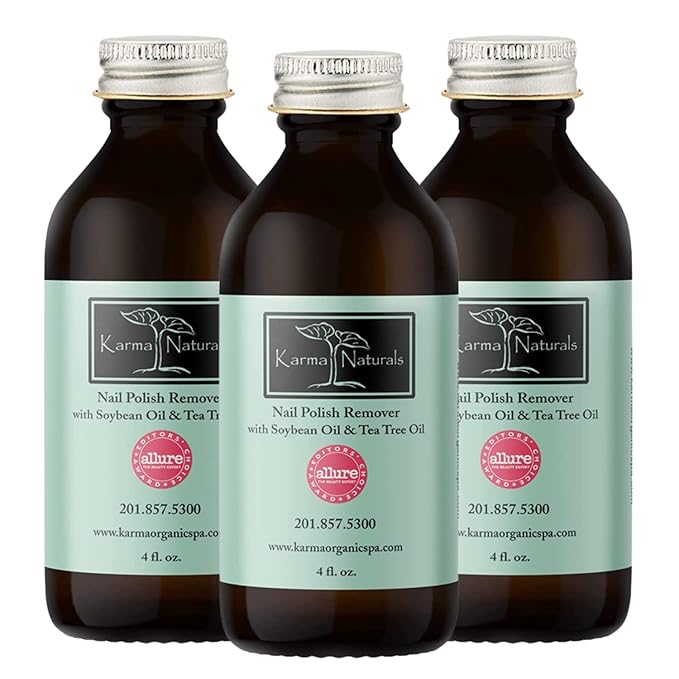 Karma Organic Nail Polish Remover with Soybean Oil and Tea Tree Oil- Non Toxic, Vegan, Cruelty Free, Acetone Free – Nails Strengthener for Fingernails – 12 fl. Oz. (3 Pack)