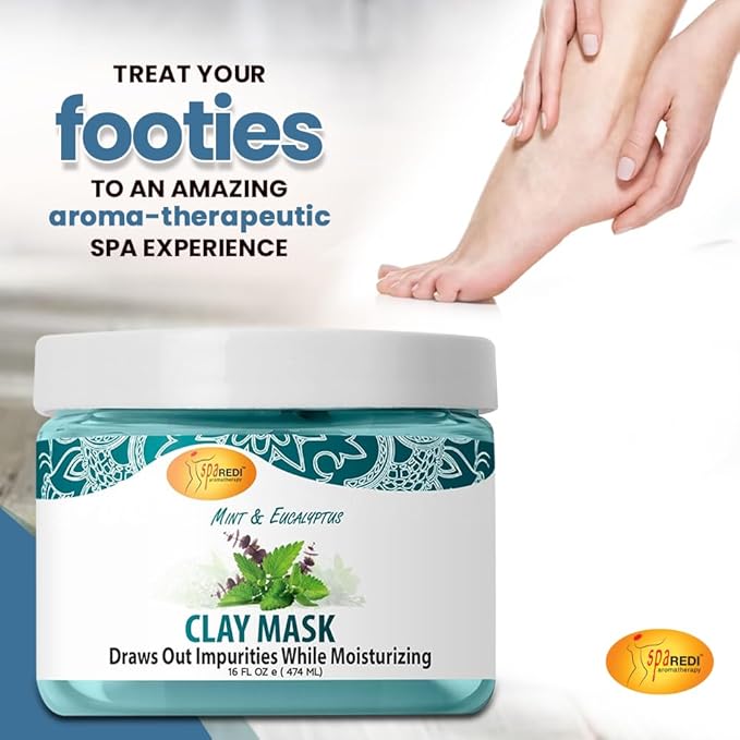 SPA REDI - Clay Mask, Mint and Eucalyptus, 16 Oz - Pedicure and Body Deep Cleansing, Skin Pore Purifying, Detoxifying and Hydrating