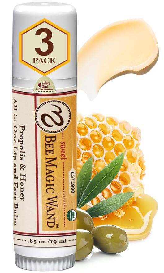 Organic Beeswax Lip Balm - Natural Chapstick for Dry Lips - Honey & Propolis Moisturizing Wand - Non Petroleum Lip Balm for Men & Women - Clean Lip Care for All Skin Types, Pack of 3