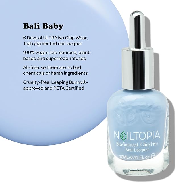 Nailtopia - Plant-Based Chip Free Nail Lacquer - Non Toxic, Bio-Sourced, Long-Lasting, Strengthening Polish - Bali Baby (Powder Blue) - 0.41oz