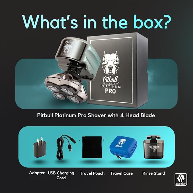 Skull Shaver Pitbull Platinum PRO Head & Face Shaver Kit - Cordless Electric Shaver - Wet & Dry Shaving Capabilities - Comes with Travel Case, USB Charging Cable & Rinse Stand