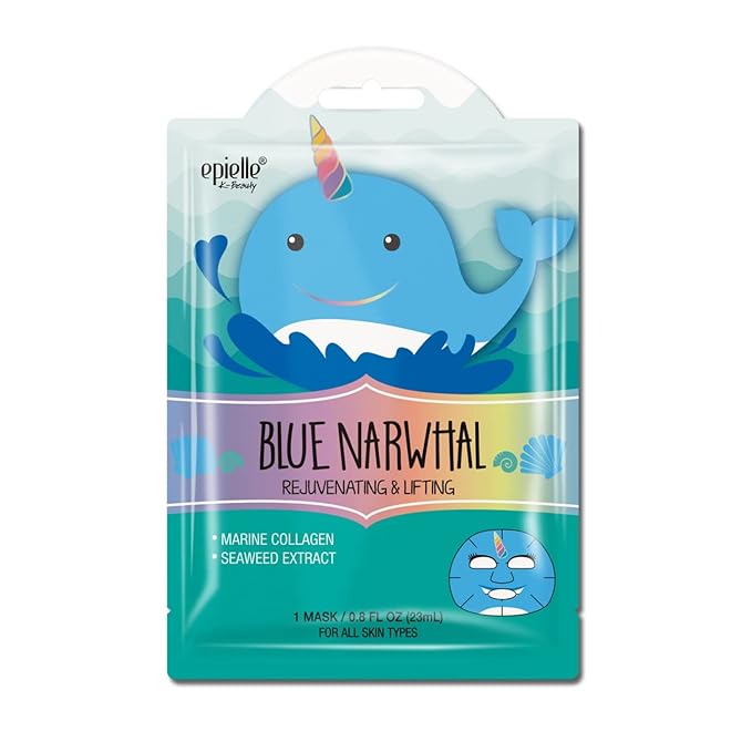 Epielle Character Face Mask Blue Narwhal 6 Pack, Fun & Effective Korean Skin Care, Spa Party Favors, Stocking Stuffers, Birthday Gifts for Women, Thanksgiving Essentials