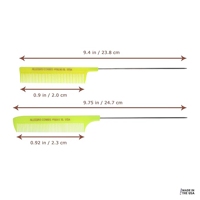 Allegro XL Pintail Rat Tail & Parting Combs - Metal Tail Foiling & Pin Combs for Stitch Braids - 2 Pc. (Neon Yellow)