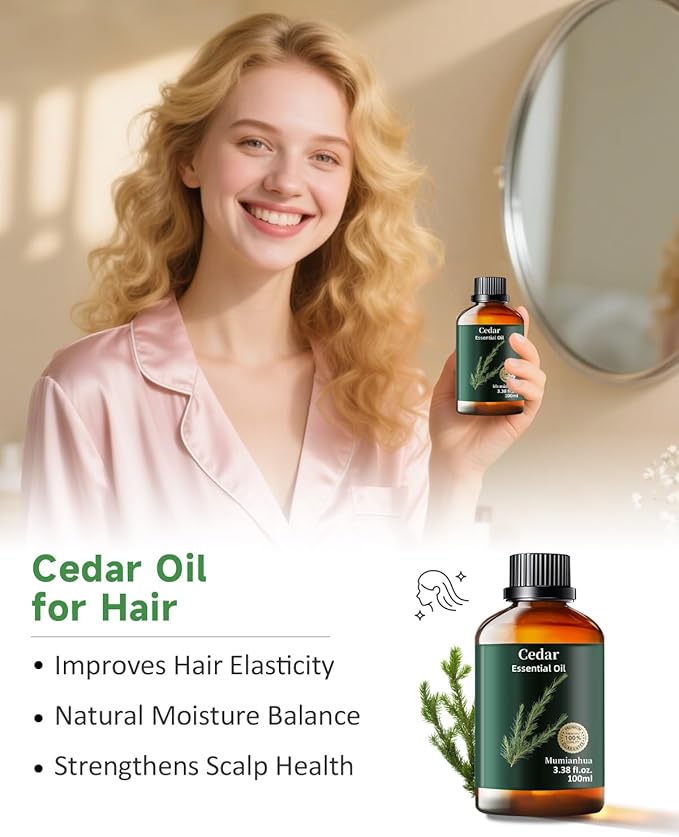 Pure Cedarwood Essential Oil, Mumianhua Natural Cedarwood Oil for Hair, Skin, Diffuser, Aromatherapy, Bedroom Atmosphere, Woodland Aroma, Evening Diffusion, Soap Making, Blends 3.38 Fl Oz