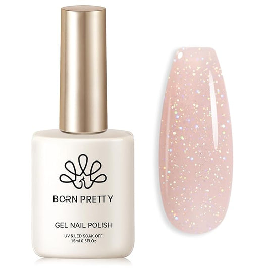 BORN PRETTY Jelly Gel Nail Polish Jelly Glitter Nude Pink Gel Polish Holographic Shimmer Nude Pink Natural Translucent Soak Off Hema-Free Gel Polish Nail Art DIY 15ML