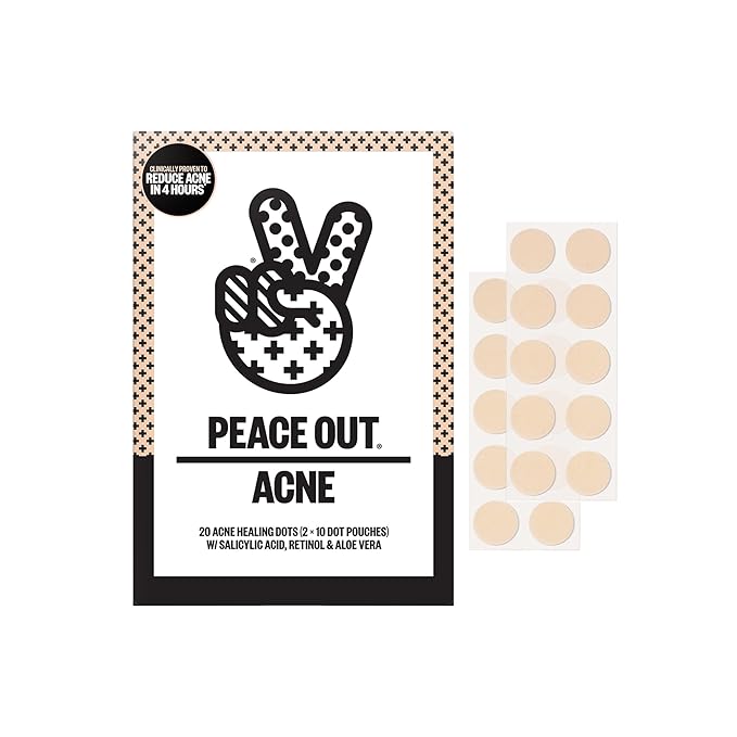 PEACE OUT Acne Healing Dots Helps Clear Blemishes Overnight, Fast Acting Hydrocolloid Pimple Patches for Breakouts with Salicylic Acid, Retinol and Aloe Vera, Award Winning Skincare Solution 20 Count