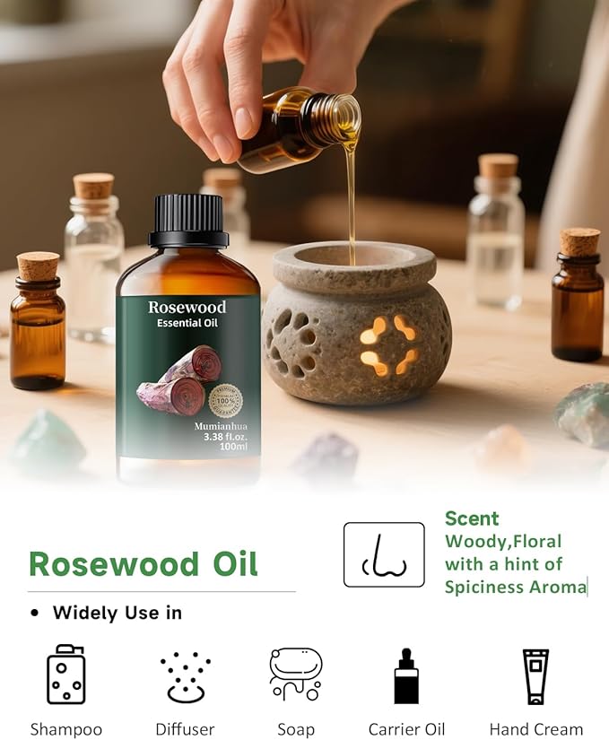 Rosewood Essential Oil Pure, Mumianhua Natural Organic Pure Premium Therapeutic Rosewood Oils for Skin, Body, Hair Care, Diffuser, Candle, Soap, Making, DIY, Massage 3.38 Fl Oz
