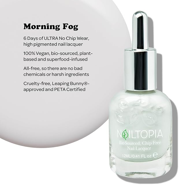 Nailtopia - Plant-Based Chip Free Nail Lacquer - Non Toxic, Bio-Sourced, Long-Lasting, Strengthening Polish - Morning Fog (Pastel Grey) - 0.41oz